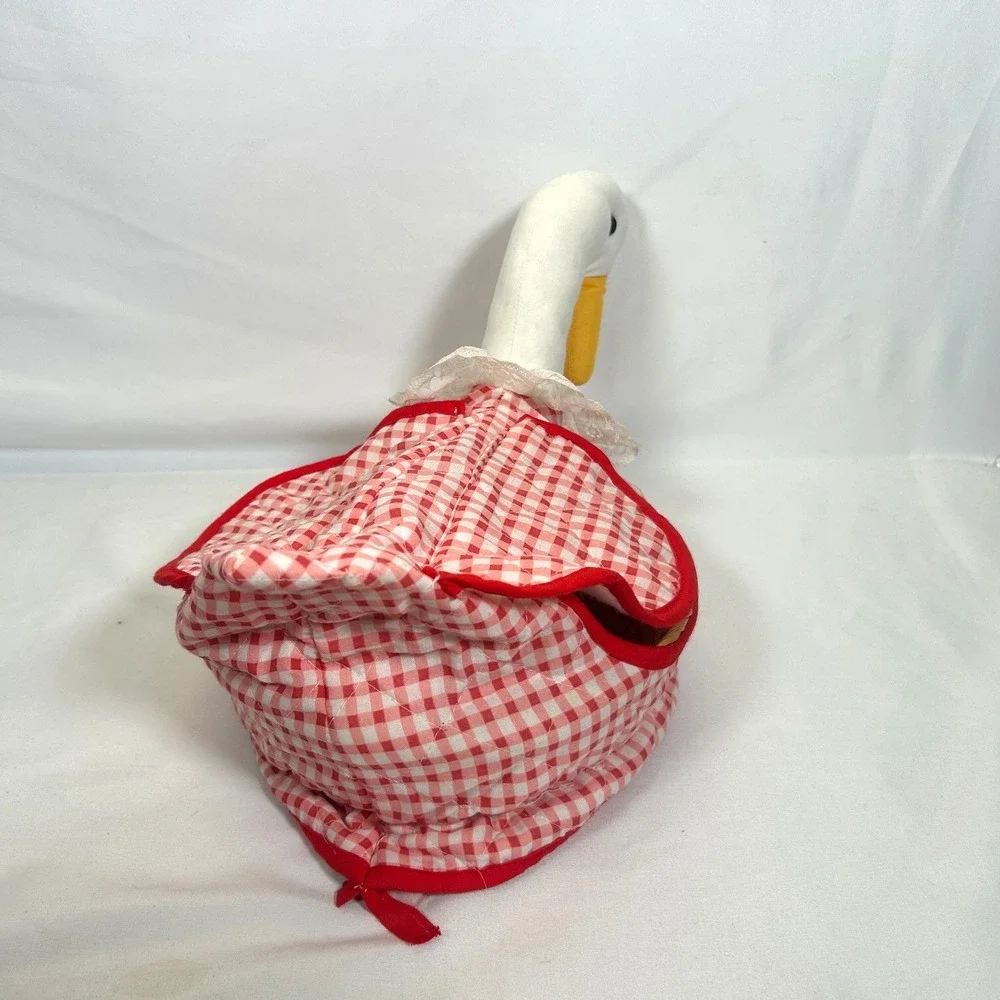 Vintage Goose Bread Basket Bun Warmer Cottage Gingham Plaid Red Country Kitchen